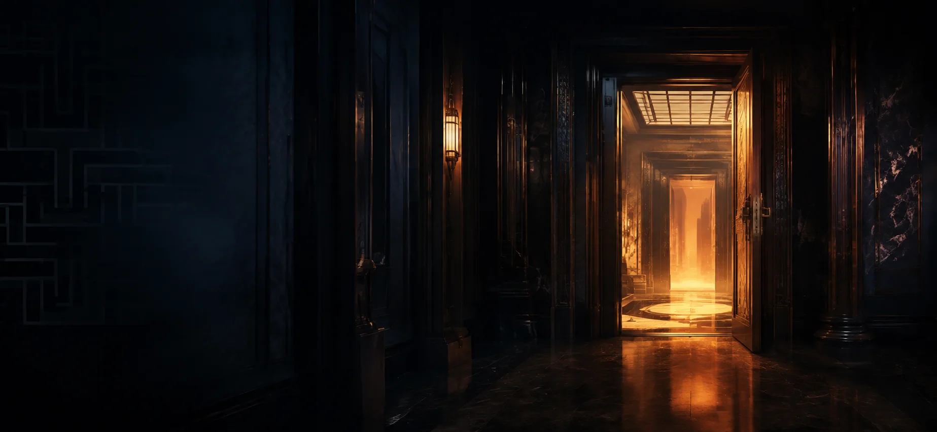 A dark theatrical corridor leading to a warm illuminated doorway
